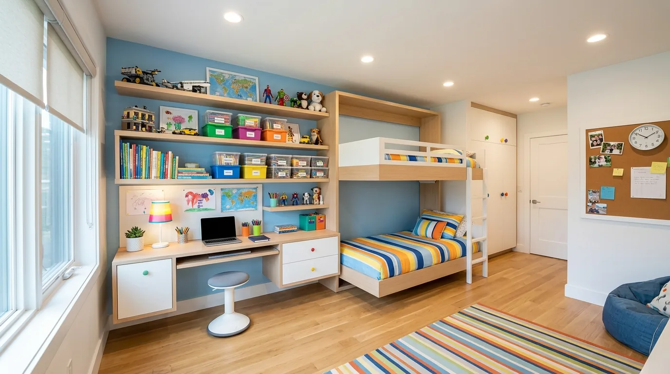 Narrow kids bedroom with desk at foot of bed and wall storage above