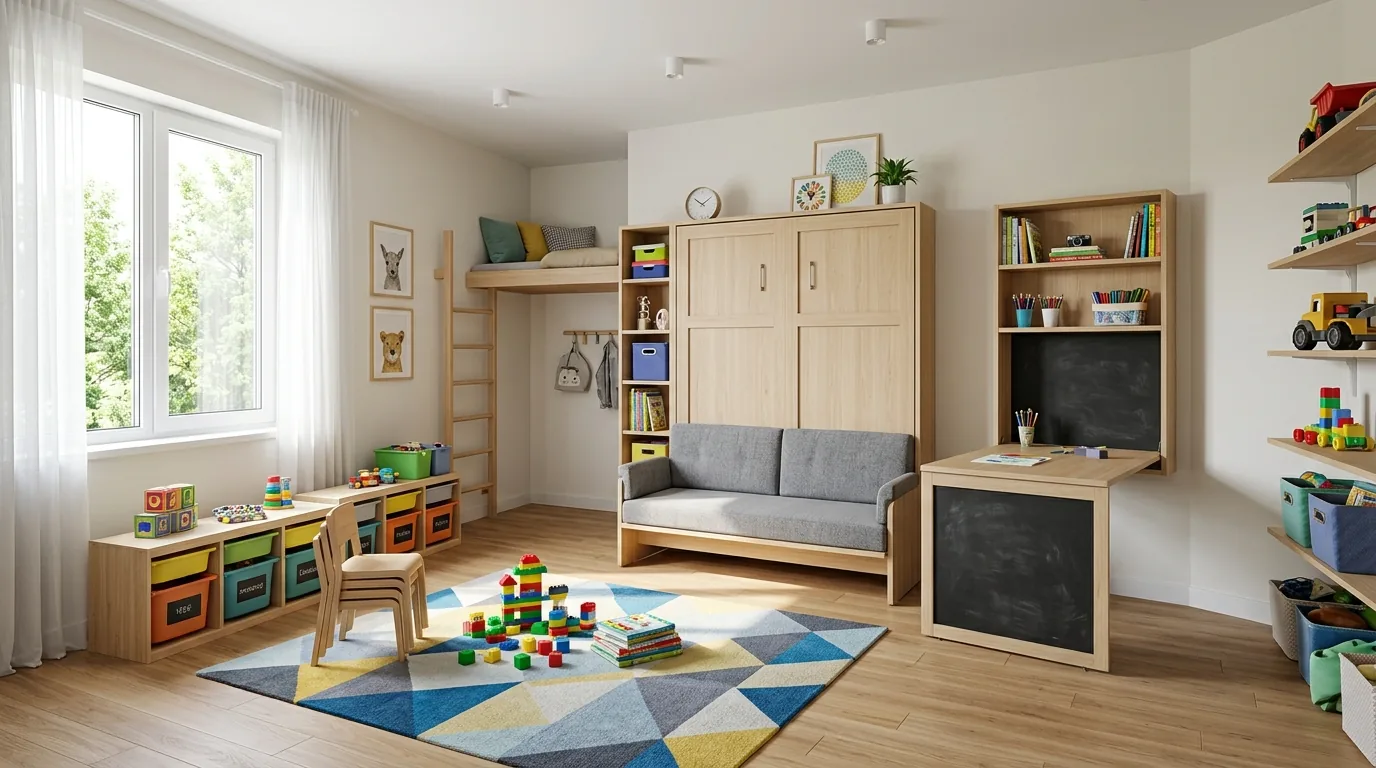 Playful room with storage bench under window and art zone nearby