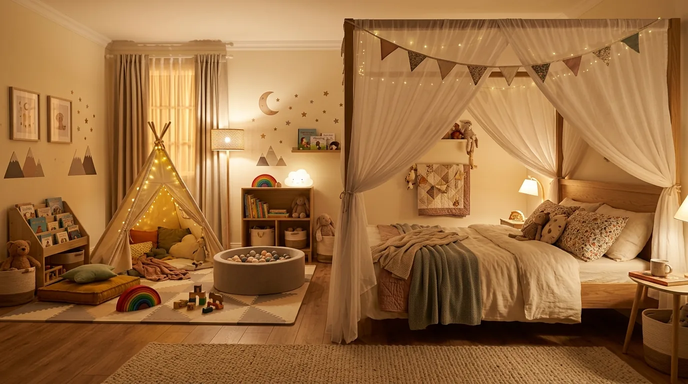 Small shared bedroom with one tall wardrobe and under-bed bins