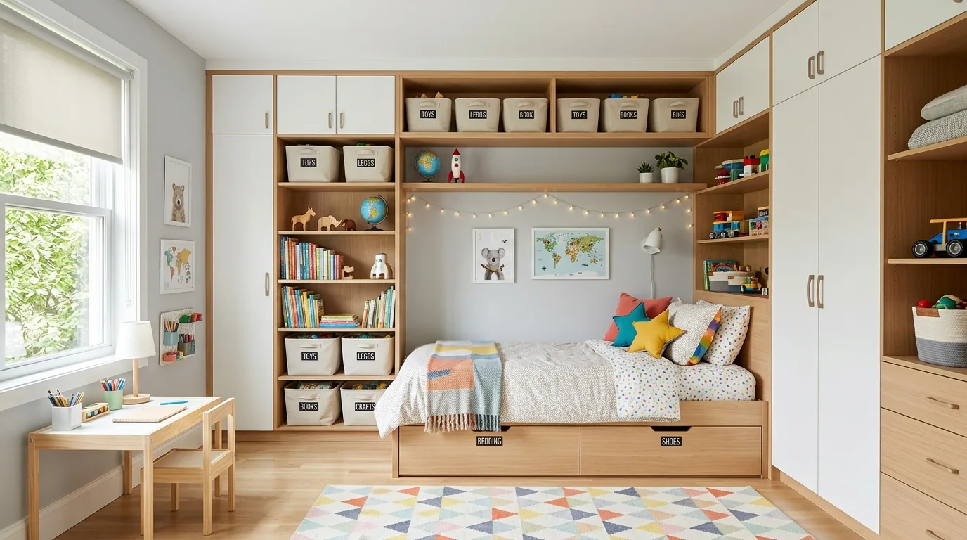Bright room with canopy bed in corner and central building zone