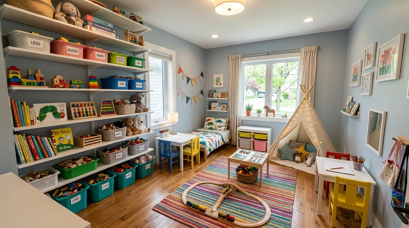 Cinematic kids bedroom with clear zones for rest