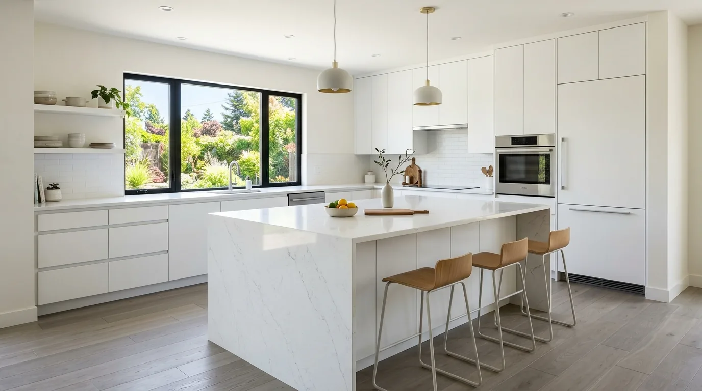 Granite countertop in warm mixed tones with wood cabinets