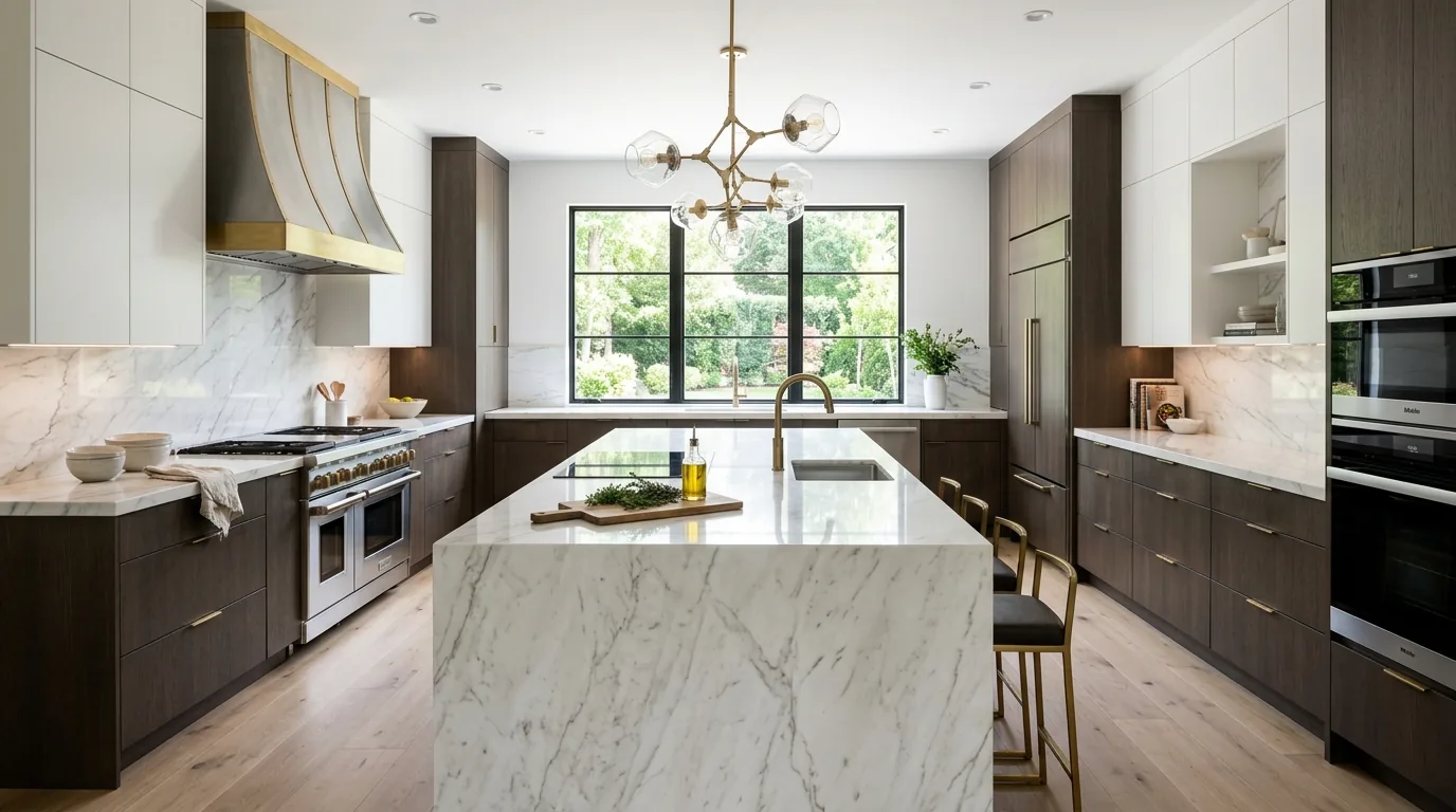 Marble-look quartz counters with brass hardware