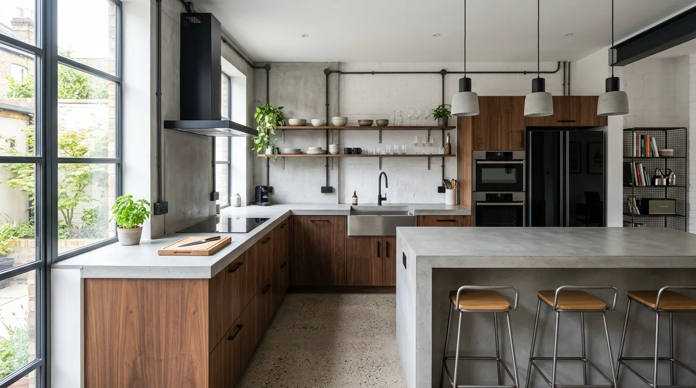 Concrete-look countertop paired with slab cabinets