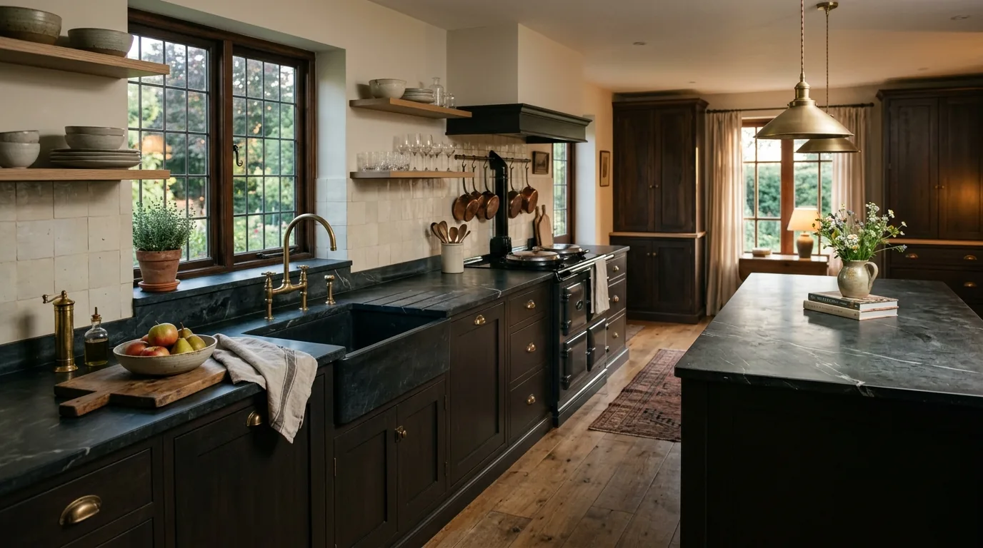 Luxury waterfall island with dramatic veined slab