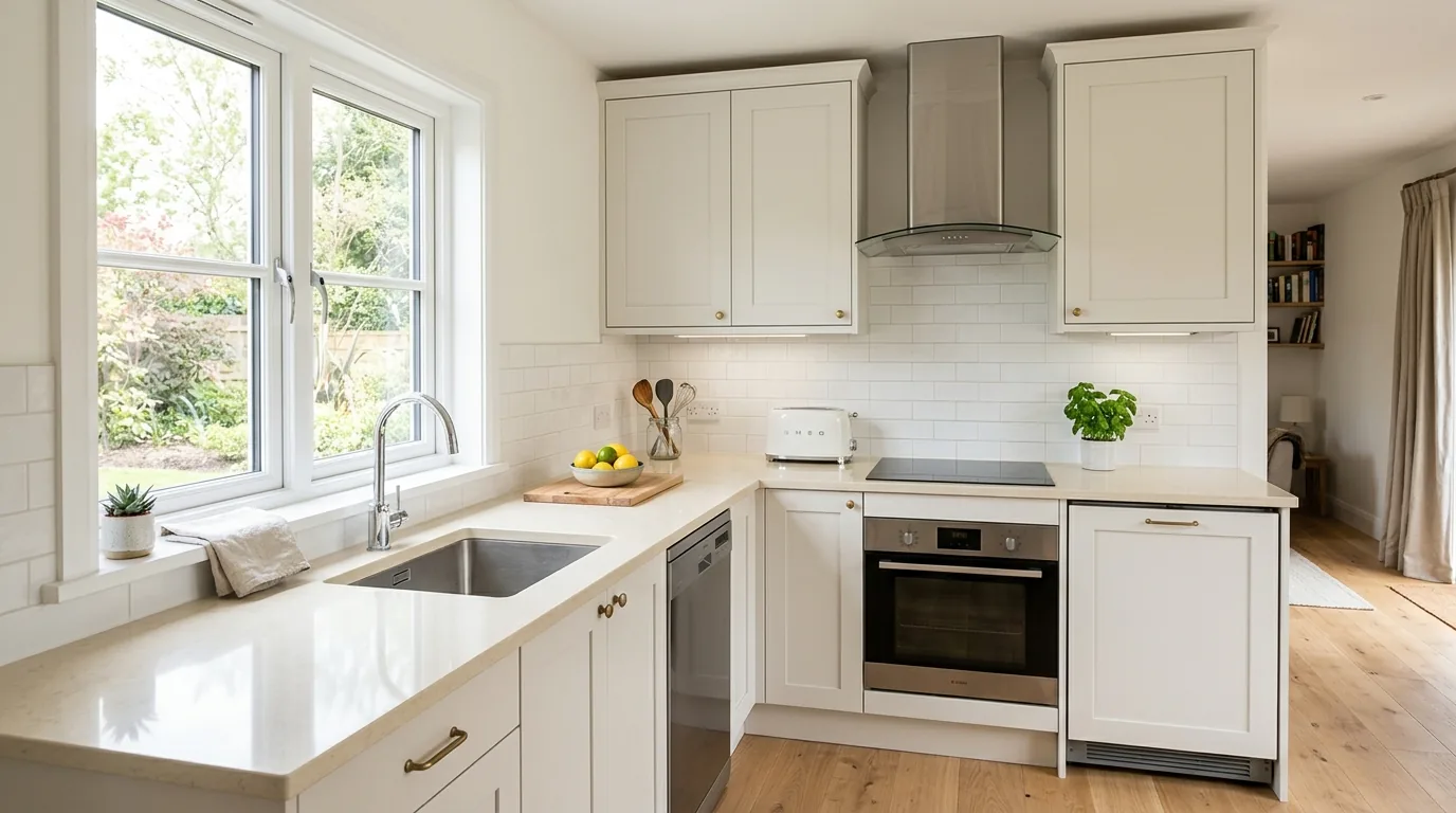 Farmhouse kitchen with honed black counters and apron sink