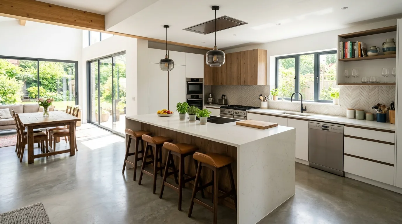 Two-tone kitchen with wood island top and stone perimeter counters