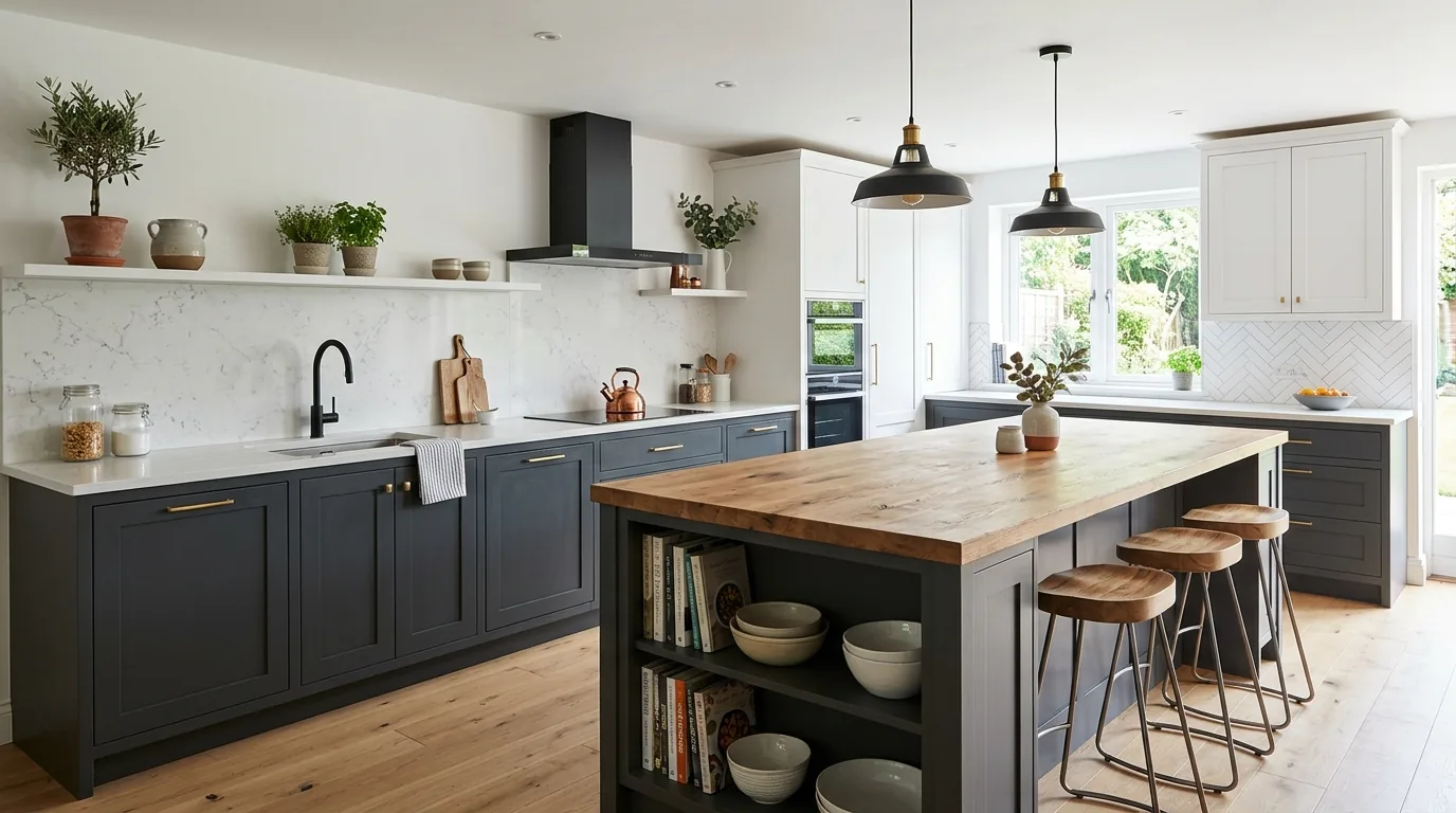 Cinematic remodel scene showing countertop materials