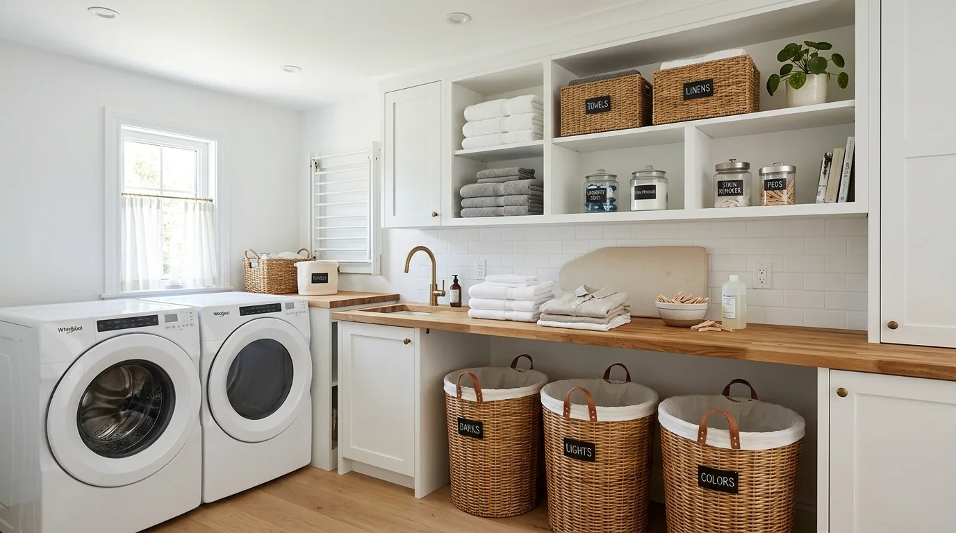 Laundry room shelves with labeled jars and detergent bins