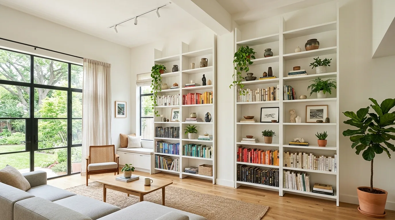 Cinematic organized home with easy storage systems integrated across rooms
