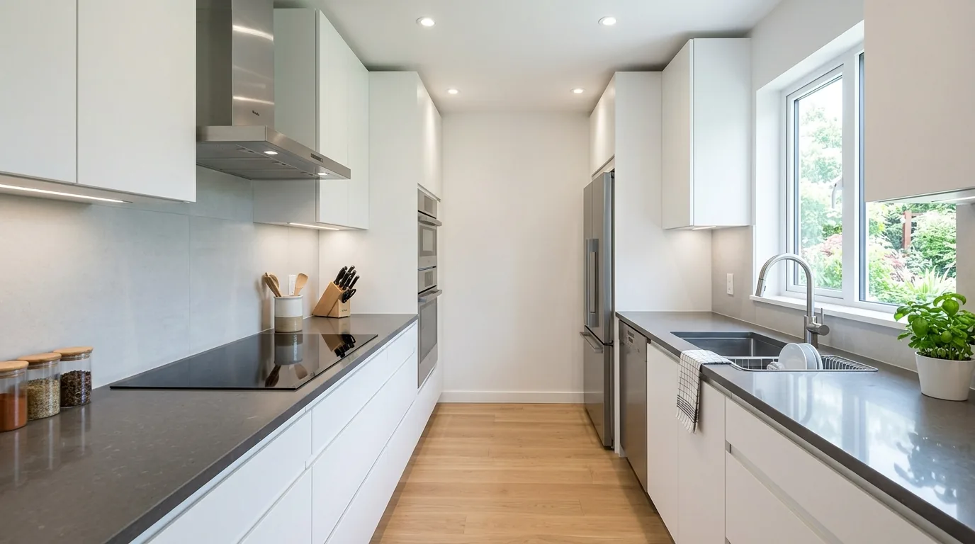 Galley kitchen with parallel counters and tall pantry at one end