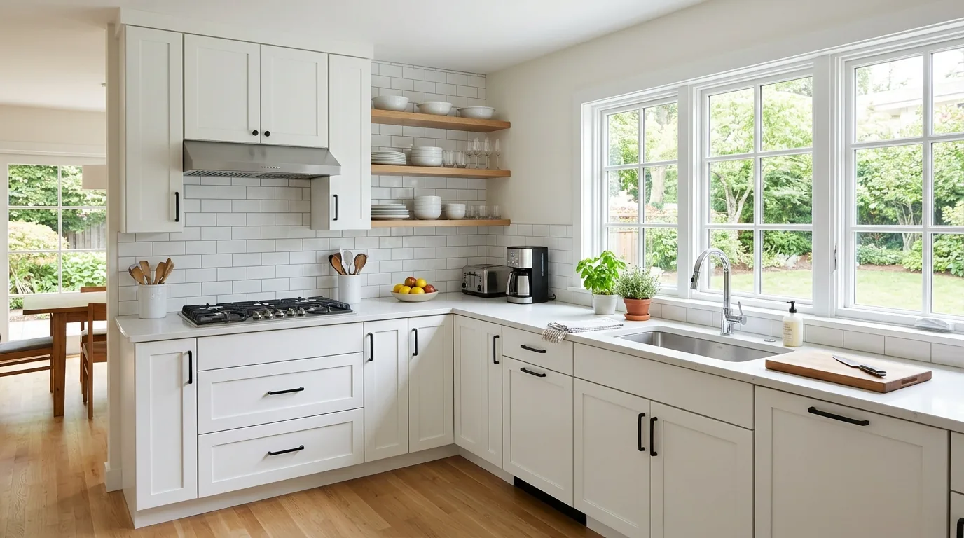 Island kitchen with sink on perimeter and prep zone at center