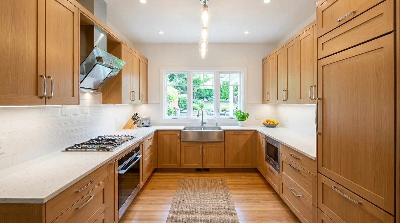 Small U-shaped kitchen with open end and compact work triangle