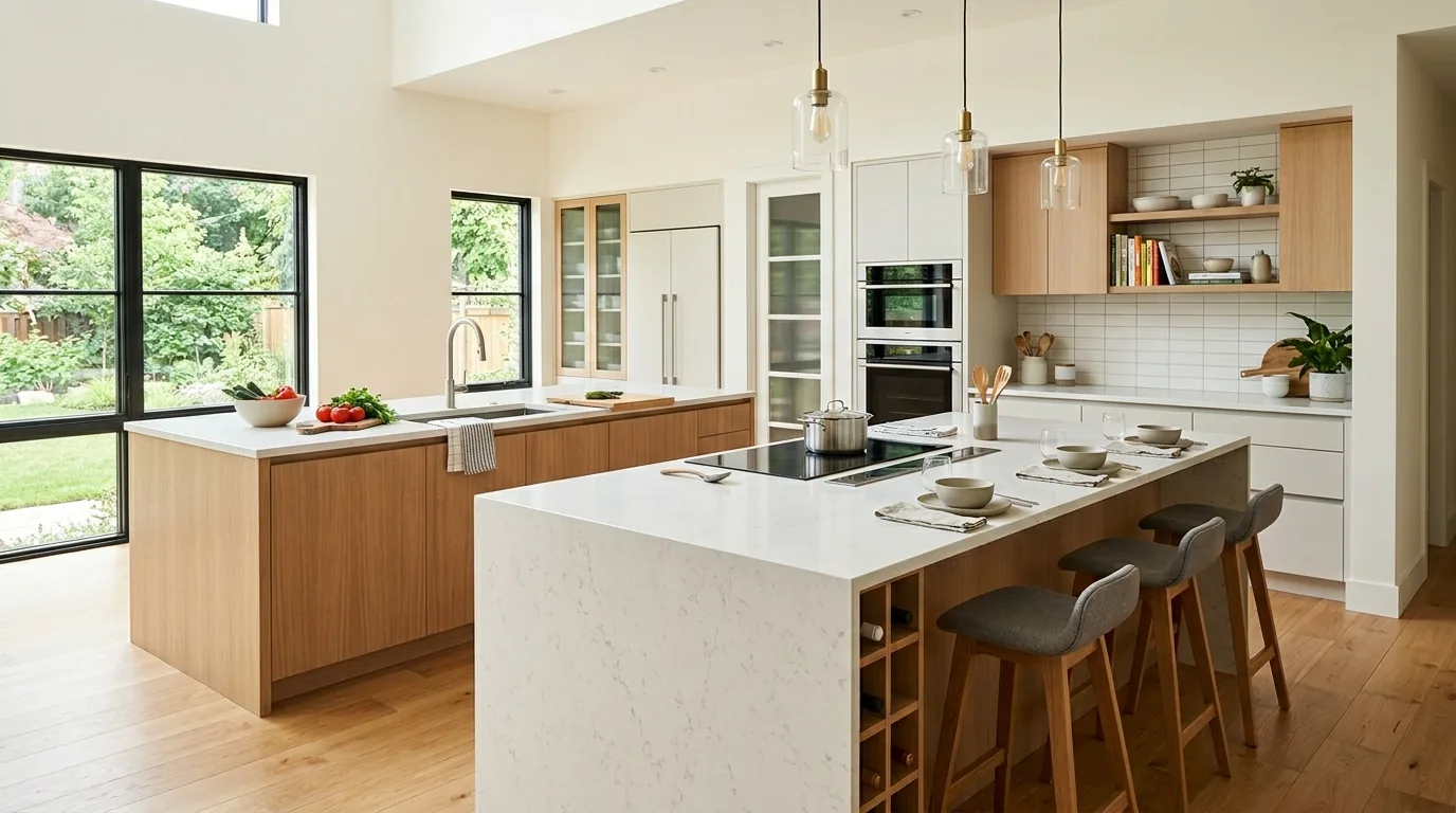 Open concept kitchen with fridge zone separated from main cook line