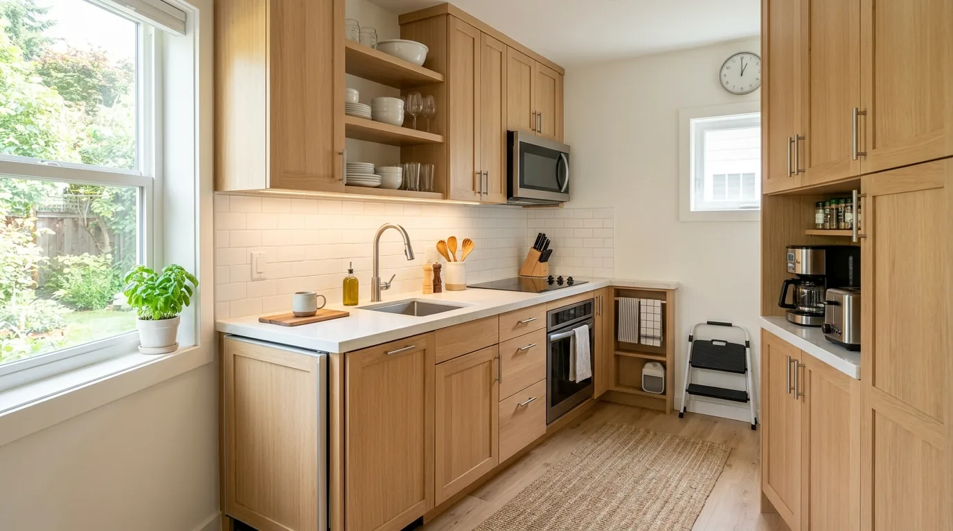 Apartment kitchen with vertical storage near prep surface