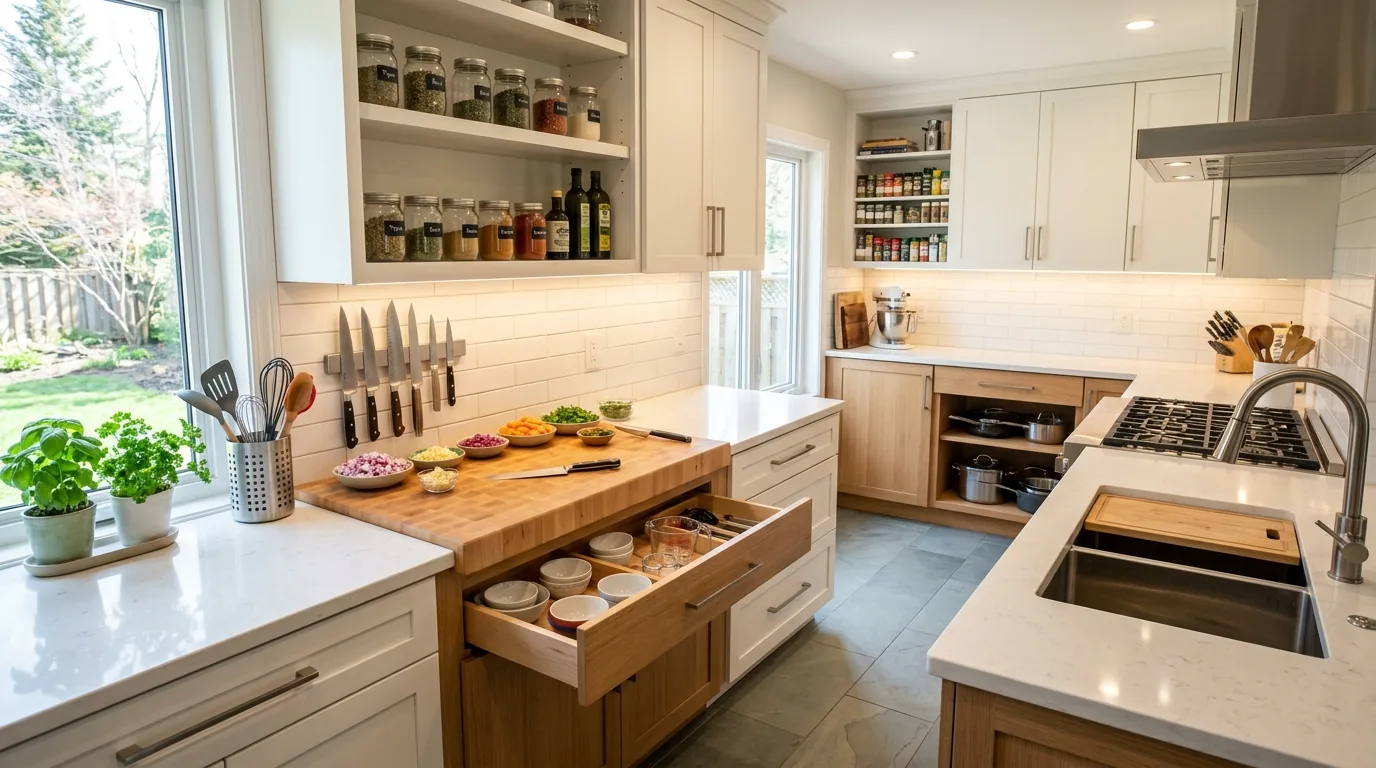 Family kitchen with snack station away from main cooking zone