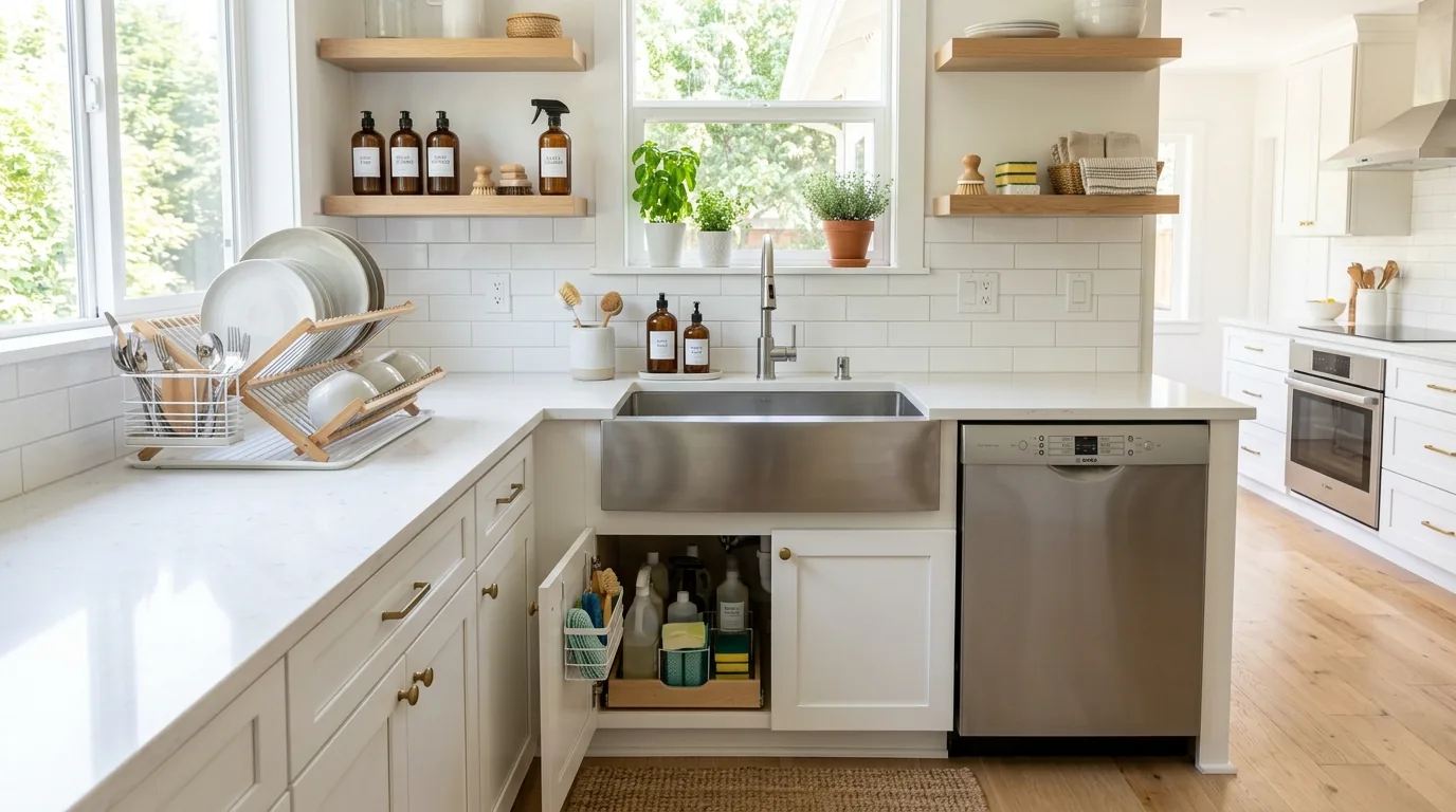 Farmhouse kitchen with large sink facing main work area and nearby dish storage