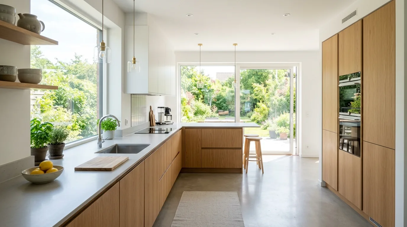 Narrow kitchen with slide-out pantry and under-counter storage near range