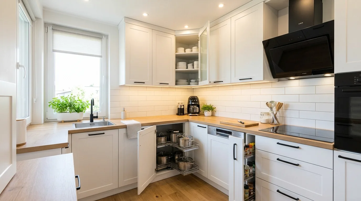 Remodeled kitchen with landing space beside oven and fridge