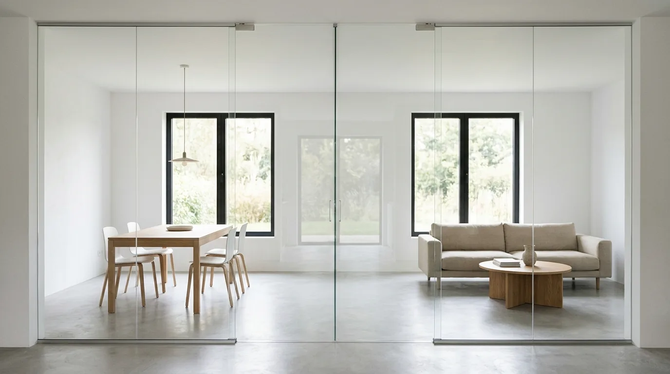 Minimal frameless glass divider between kitchen and dining zone