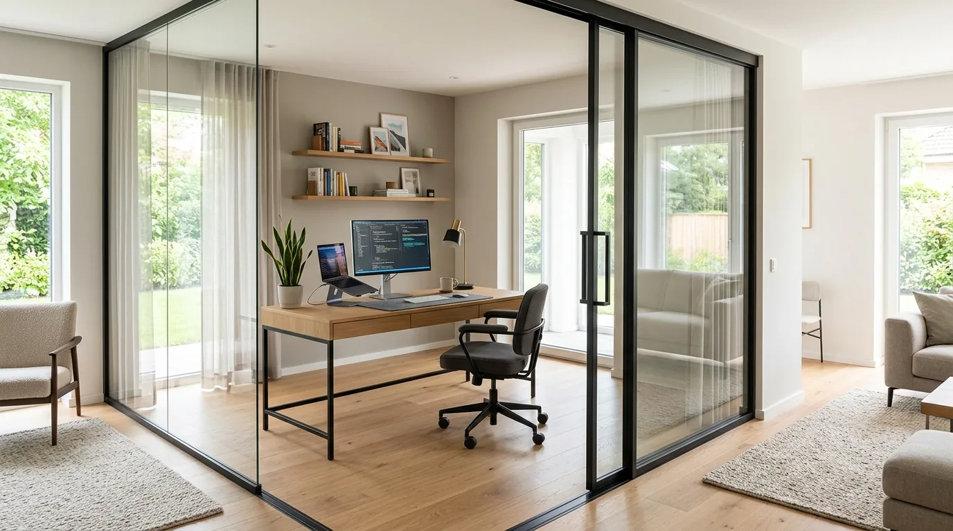 Sliding glass partition wall closing off a study nook