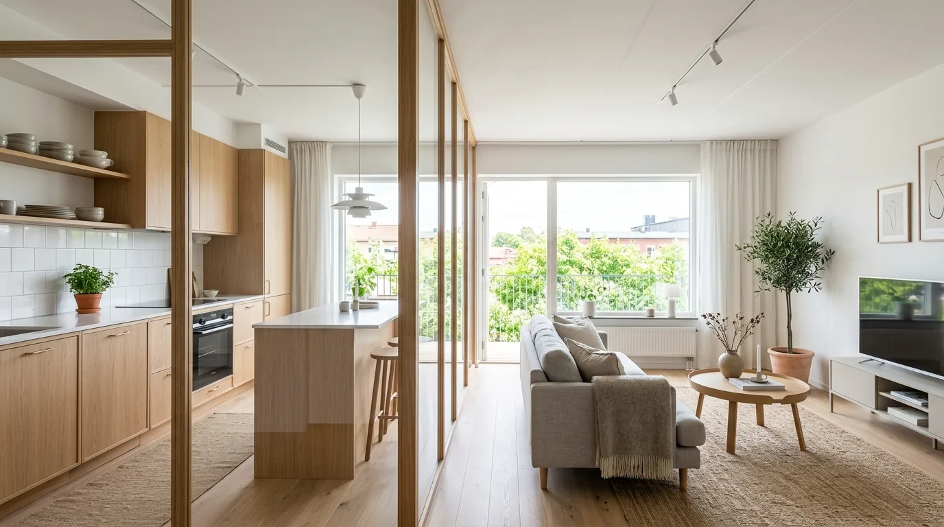 Glass divider behind an entry bench creating a foyer moment without darkening the room