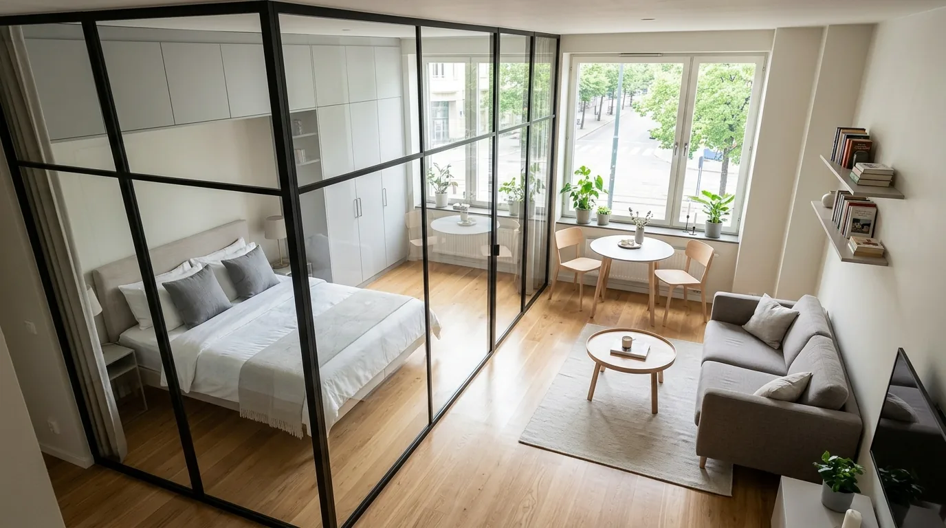 Industrial style glass wall with grid frame between bedroom and dressing area
