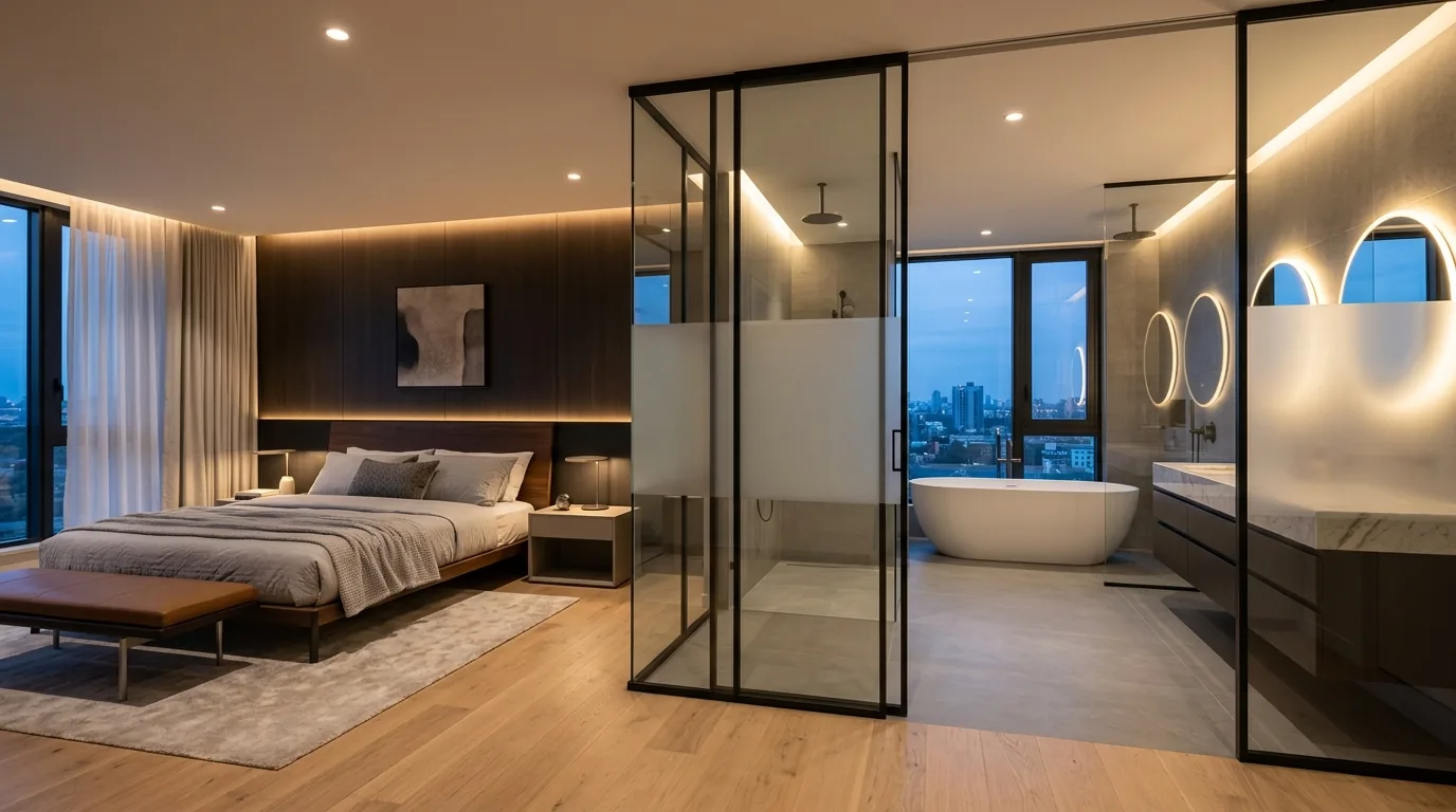 Double door glass partition to a home office