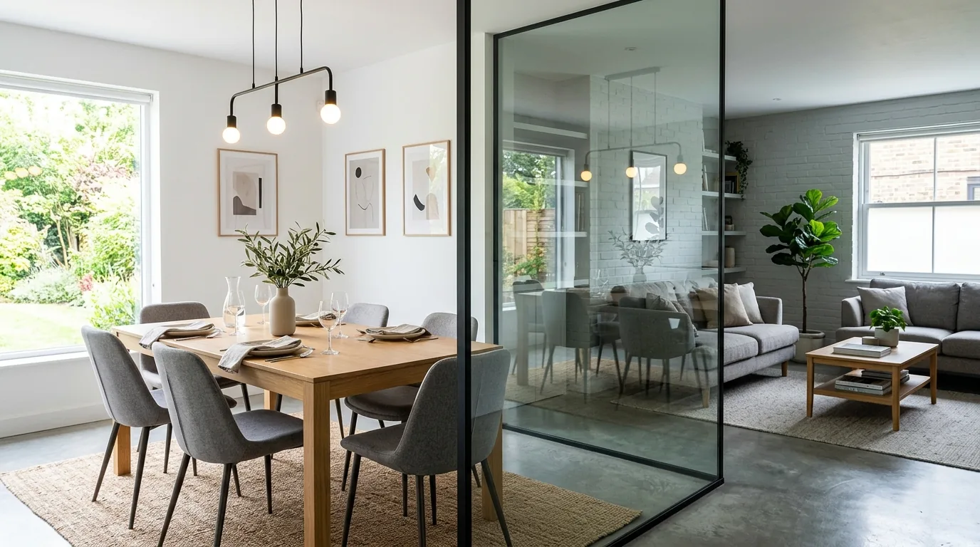 Glass and fluted panel partition adding privacy to a dining area