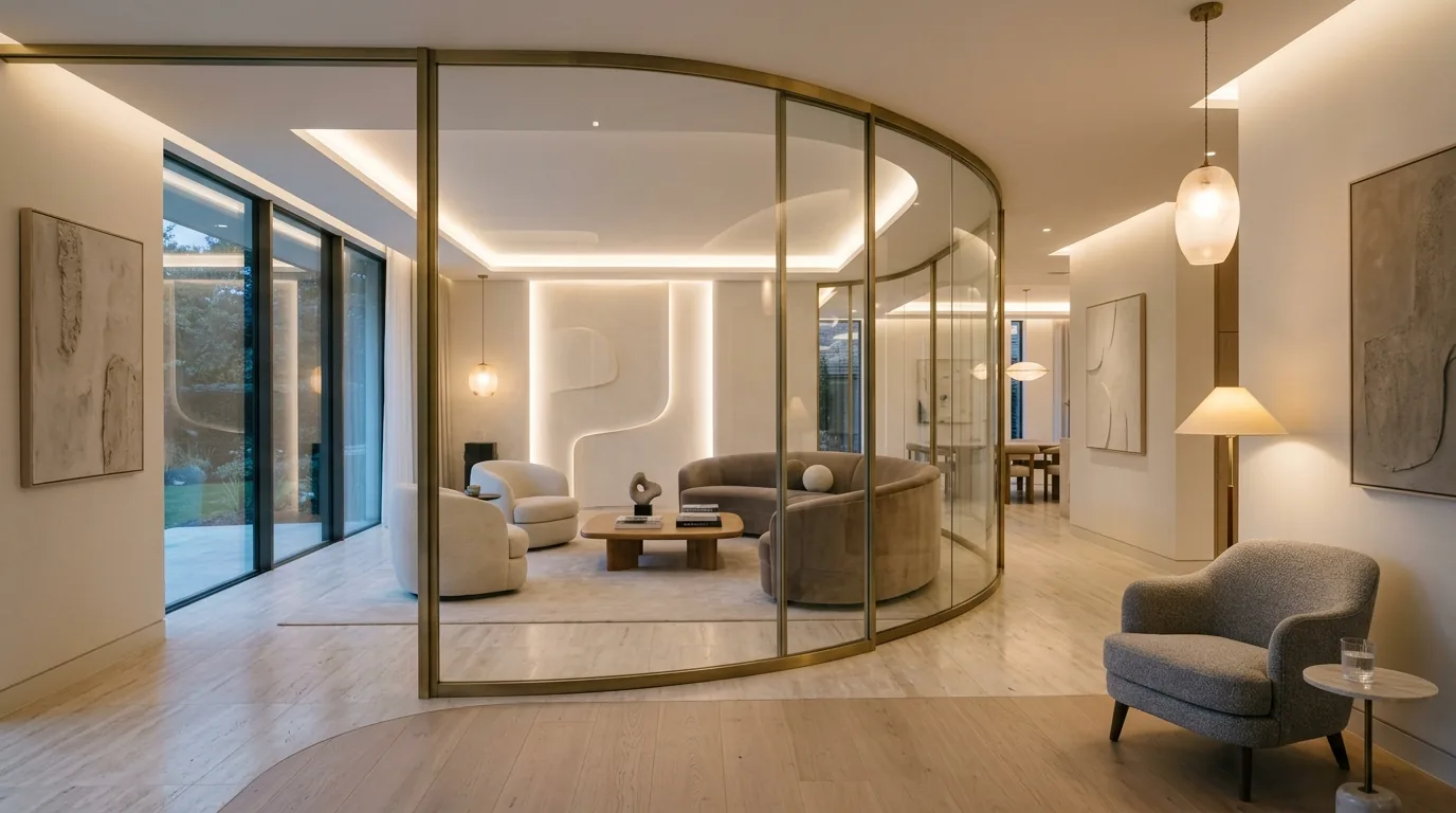 Corner glass partition enclosing a reading nook