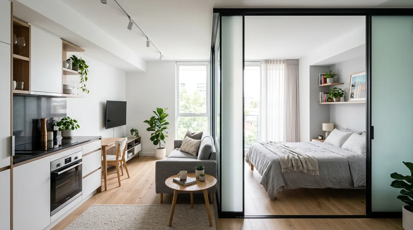 Glass divider with thin bronze frame between living room and music room