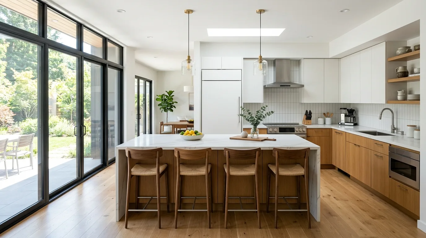 Luxury kitchen with layered pendants and stone backsplash