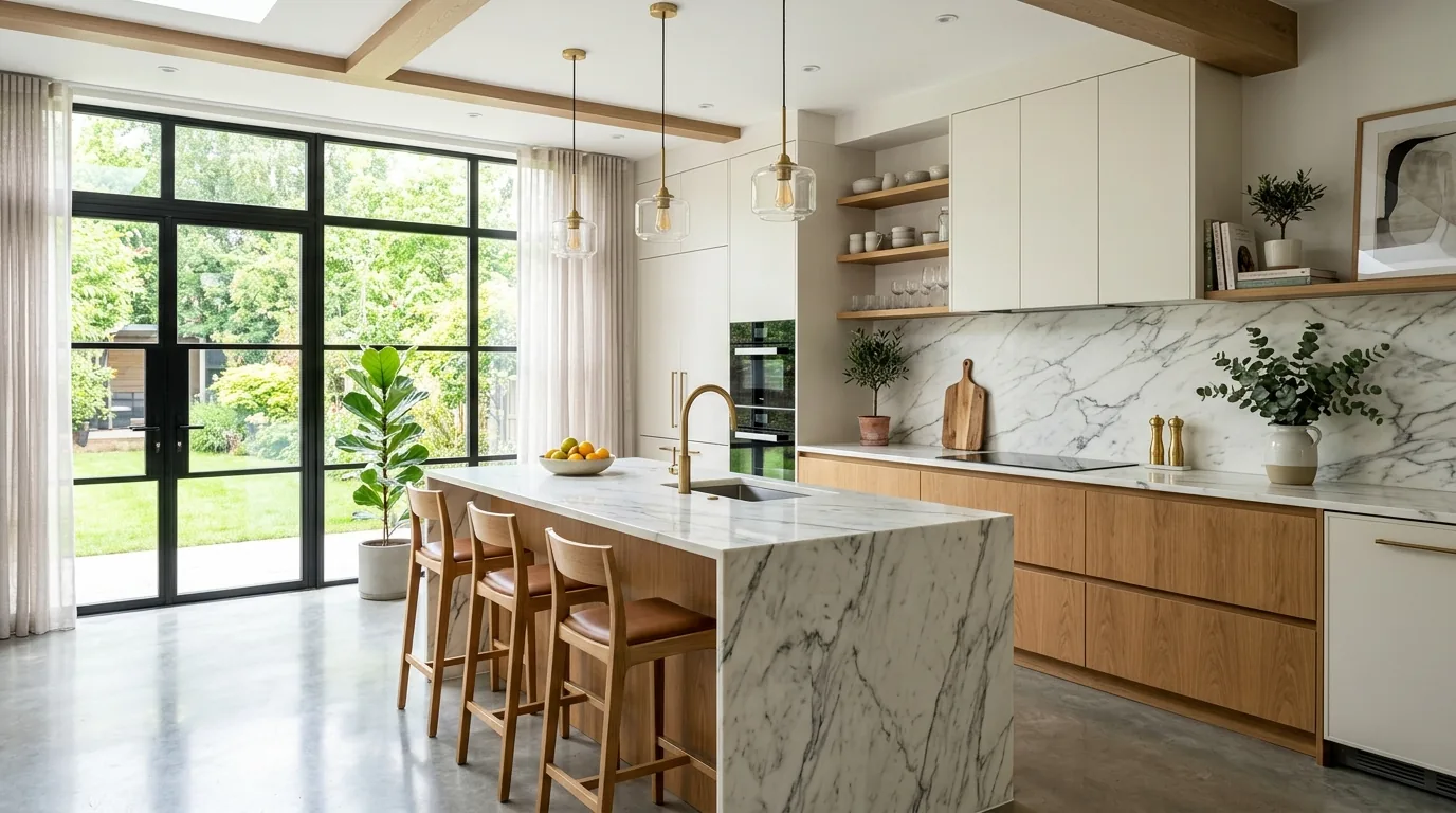 Remodeled kitchen with dual-tone cabinets and refined floor choice