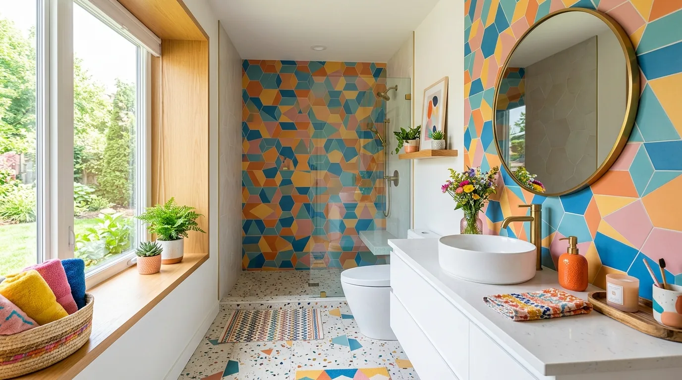 White bathroom with pink checker floor tile and bright sconces