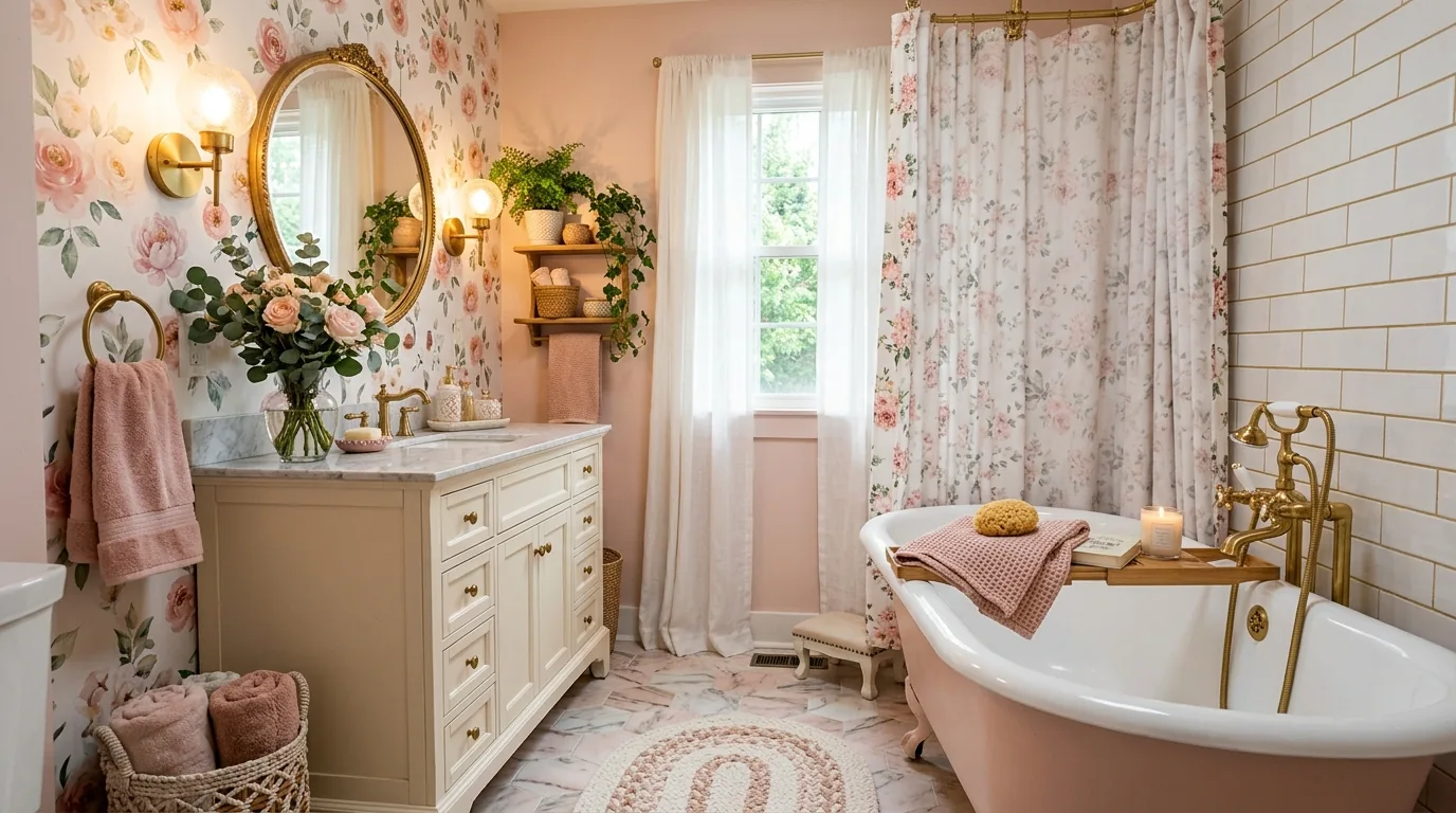 Small bath with scalloped mirror and striped shower curtain