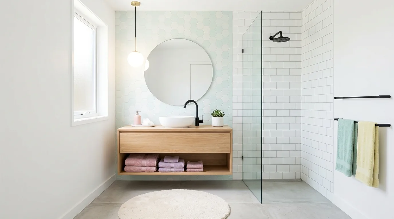 Pastel bathroom with open shelf baskets and labeled jars