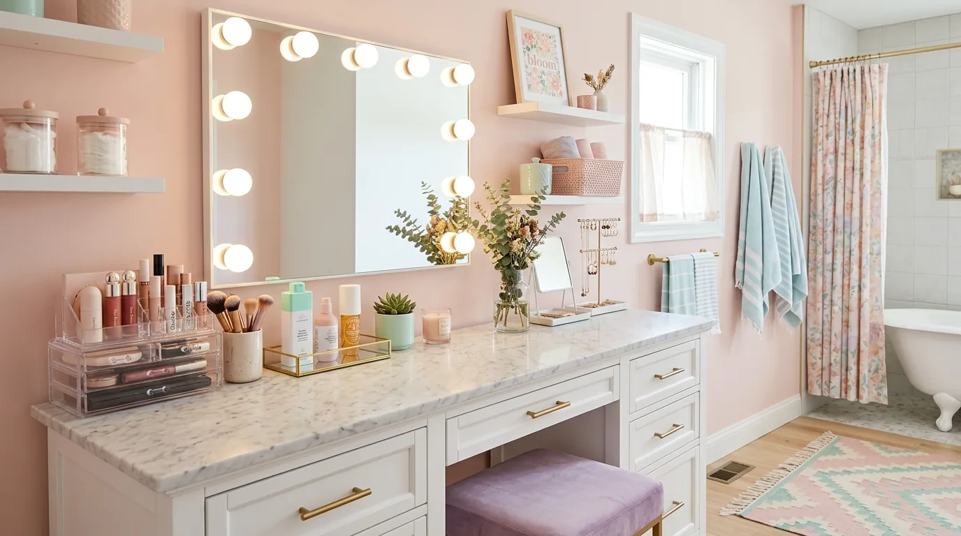 Double sink bathroom with colorful stools and framed art