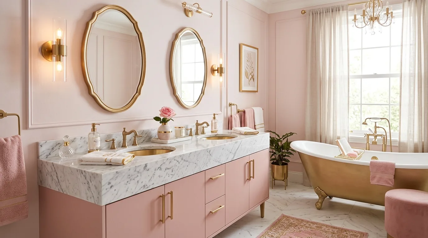 Powder room with floral wallpaper and simple vanity