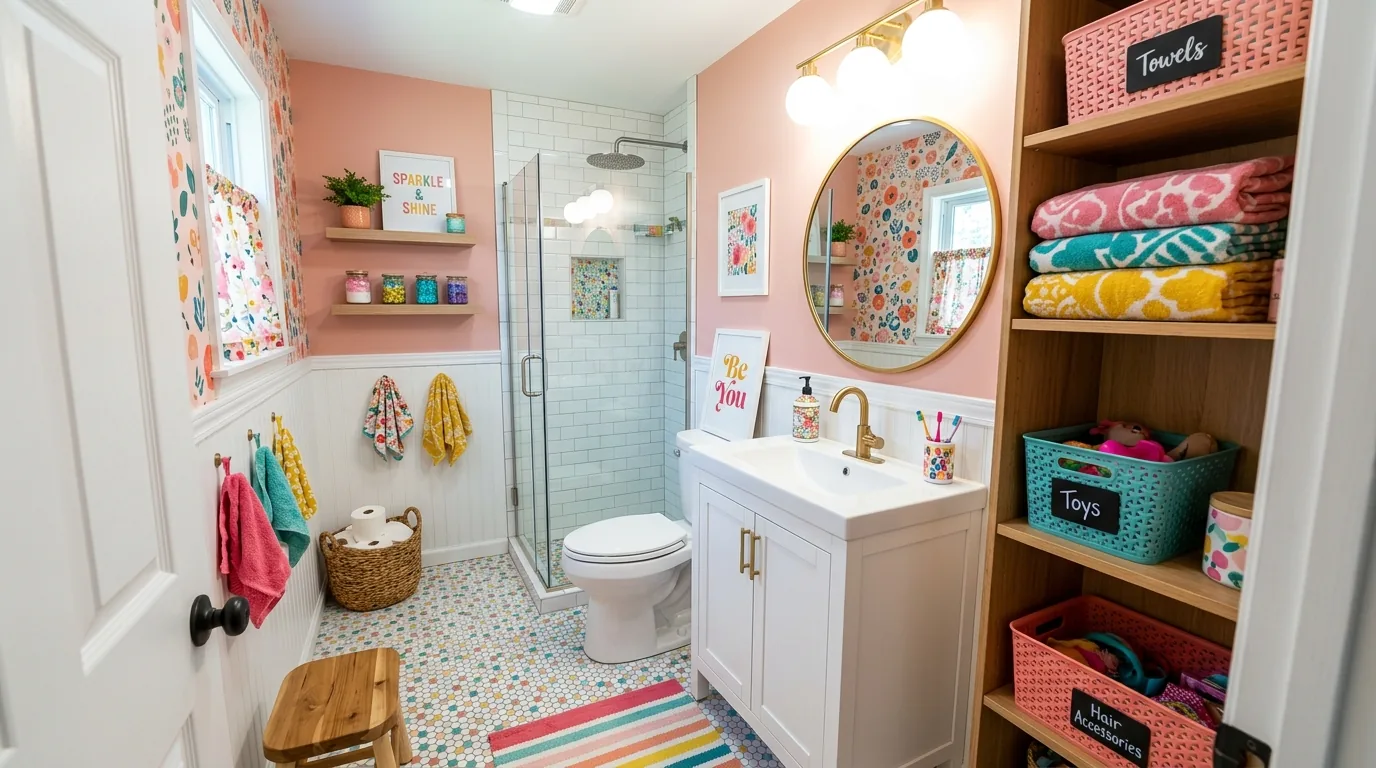 Bathroom with beadboard lower wall and pink towels