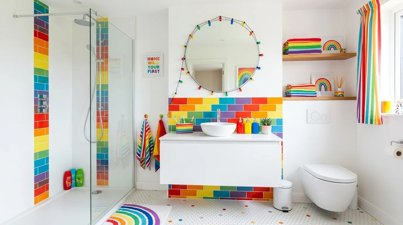 Modern bath with terrazzo floor and candy-tone accessories