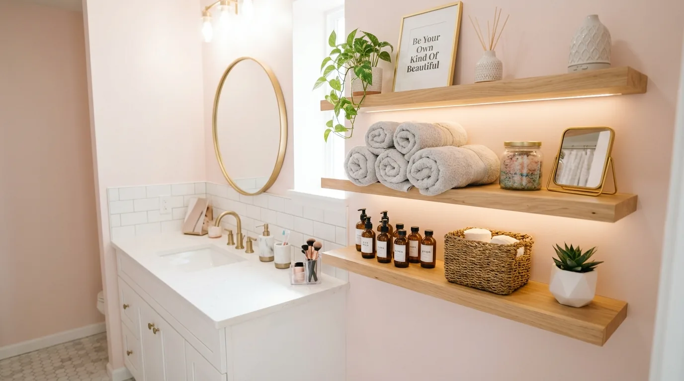 Compact vanity area with drawer organizers and fun mirror shape