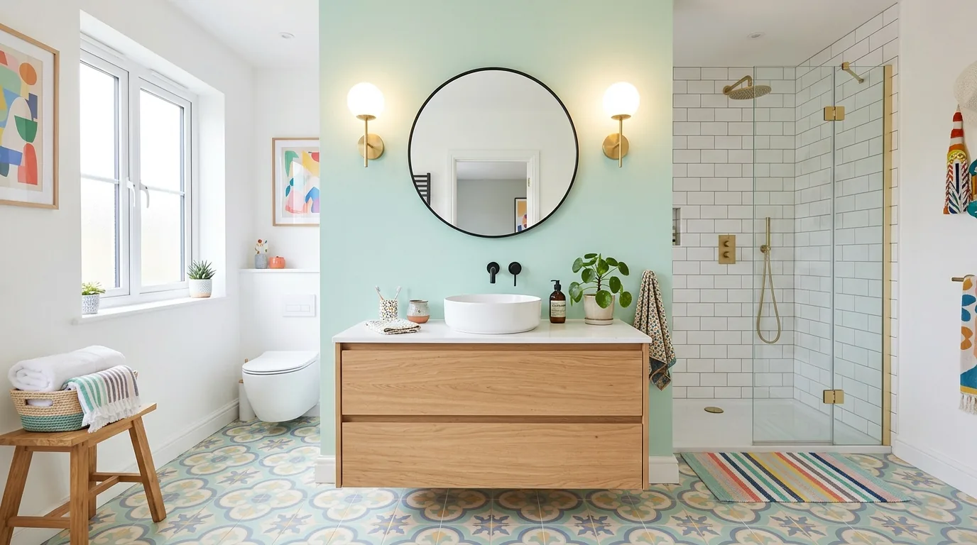 Soft lavender and cream bathroom with layered lighting