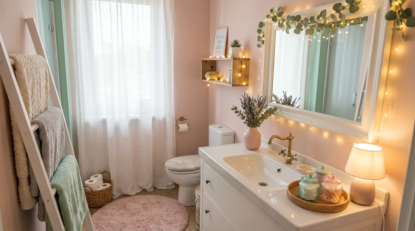 Cinematic girls bathroom with color