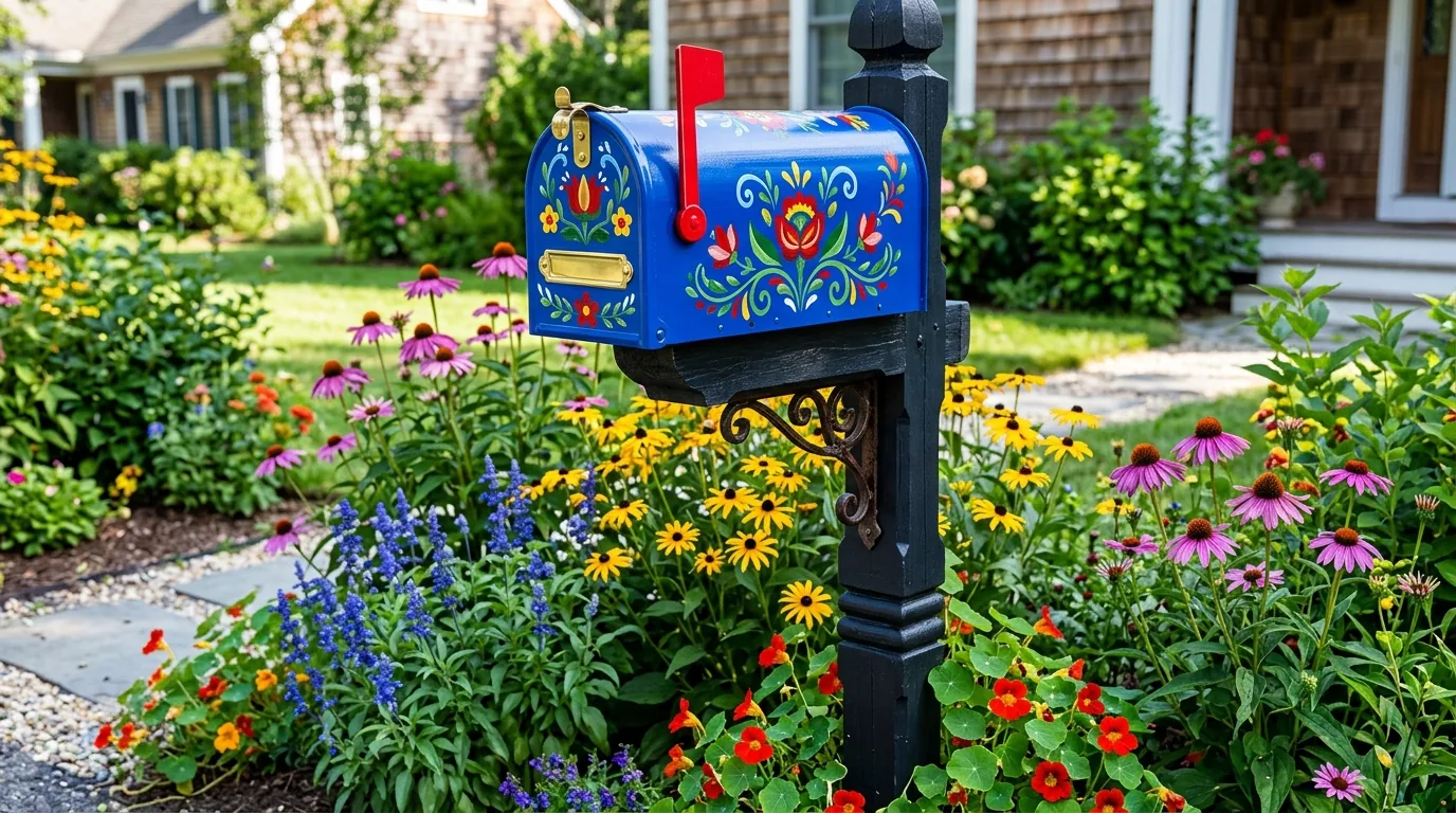 Cottage mailbox with white post and flower bed below