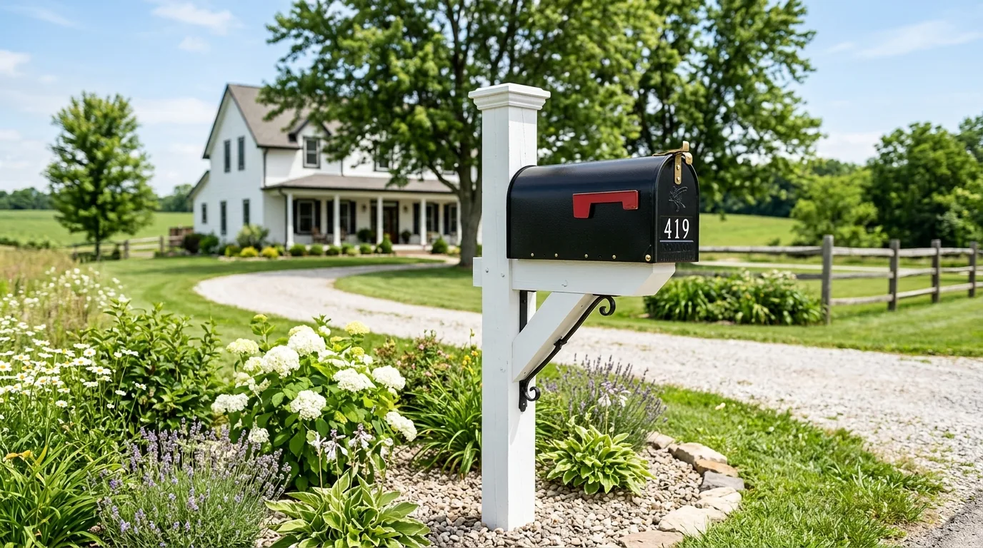 Farmhouse mailbox on chunky painted post with lantern detail