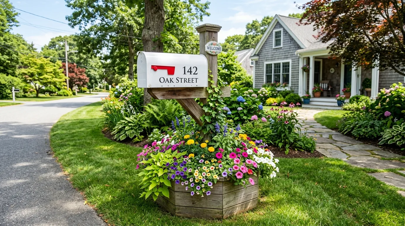 Stone-and-wood mailbox design beside curved driveway planting