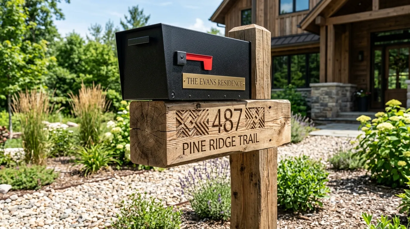 Modern black mailbox integrated into fence line