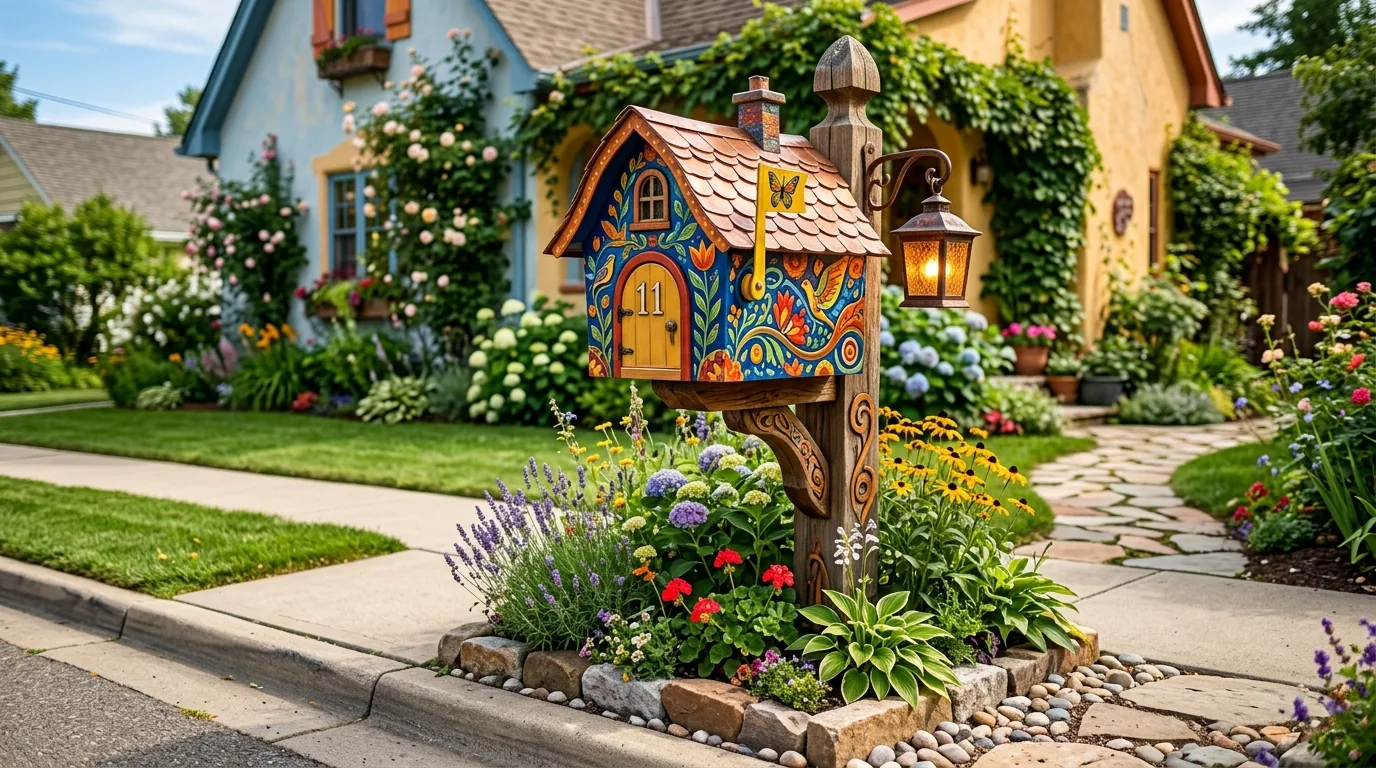 Cinematic curb appeal scene with standout mailbox