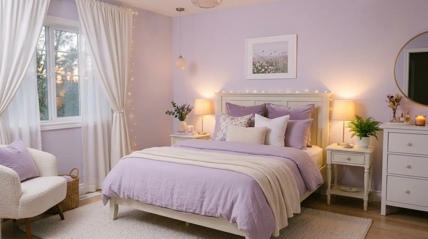 Bedroom with blush bedding and pale oak furniture