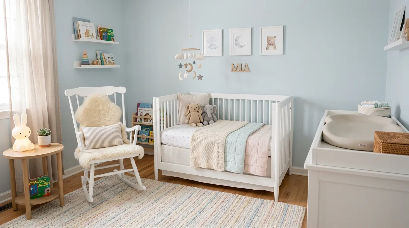 Reading nook with lavender chair and ivory curtains